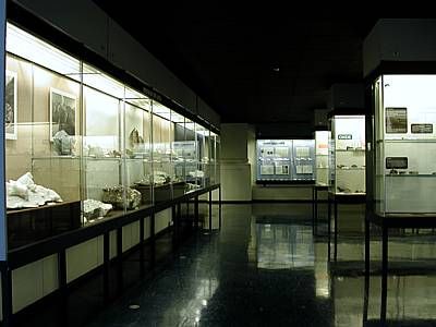 Die Mineralien der Alpen, sind in den Vitrinen links ausgestellt. In den Vitrinen rechts befinden sich die Exponate zu den Themen Kristallografie und Systematik.