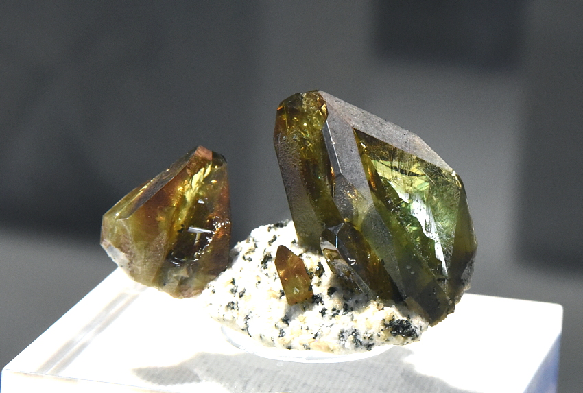 Zwei Titanite (Sphene) auf Matrix| B: 4 cm; F: Amertal, Felbertal, Sbg/�; Sammlung: Anton Watzl