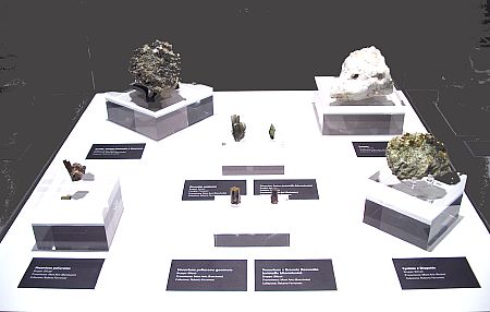 Vitrine mit Exponaten vom Mont Avic| IT; ein Fundgebiet mit interessanten Mineralien.