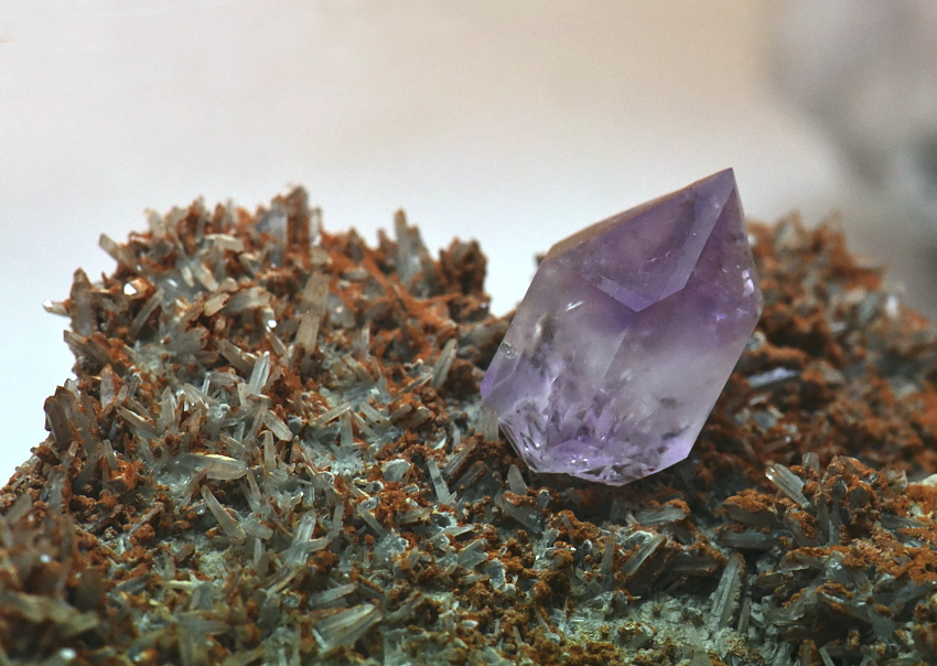 Amethystzepter auf Nadelquarz mit Limonit| BV: ca. 8 cm, F: Sundergrund, Zillertal; Sammlung H. u. J. Vorreiter 