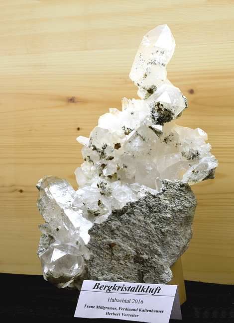 Klare Bergkristallgruppe auf Schiefer| H: 25 cm; F: Scheissgraben, Habachtal; Finder: Franz Millgramer, Herbert Vorreiter, Ferdinand Kaltenhauser