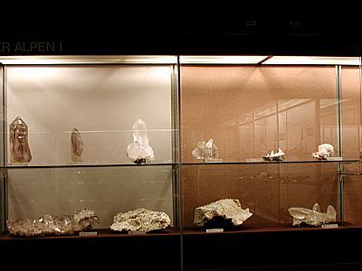 Vitrine 'Mineralien der Alpen', beherbergt ein paar Prachtsstufen, die zum Teil nachfolgend im Detail wiedergegeben werden. Zum Grössenvergleich soll hier die Höhe des Rauchquarzes oben links von ca. 30cm dienen.