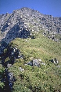 Blick zurück, schon sind wir wieder auf dem Abstieg und aus den steilsten Partien raus.