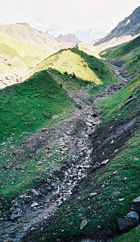 Aufstieg im Frühsommer| die Kluft liegt nach wie vor auf 2'400 m.ü.M. und verlangt bei jedem Aufstieg die Bewältigung von 1'200 Höhenmetern. Dabei durchwandert man unten sommerliche Wiesen, weiter oben die Alp im Frühjahrskleid und zuoberst den kargen Spätwinter. 