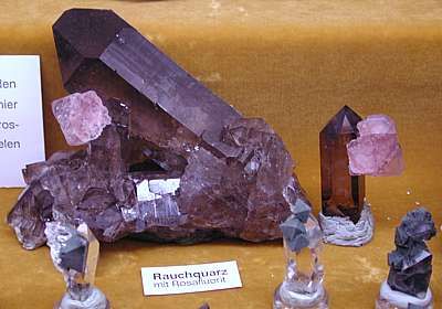 Rosafluorit auf Rauchquarz, Zinggenstock. Auch die kleineren Stufen sind kleine Meisterwerke der Natur. Die grösste Stufe ist ca. 15cm breit.